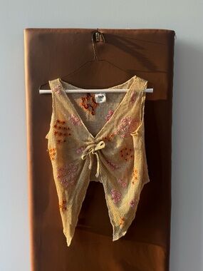 TACH Embroidered Beige Knit Vest with Pink and Orange Floral Accents